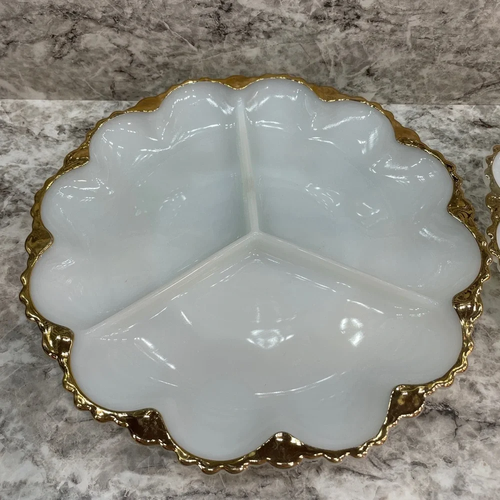 Vintage milk glass divided serving dish Set of 2